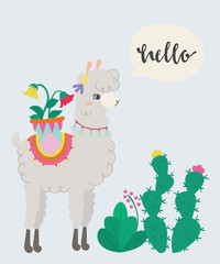 Cute llama. Hand drawn art. Design for card, sticker , fabric textile, t shirt. Children, kid modern trendy style.