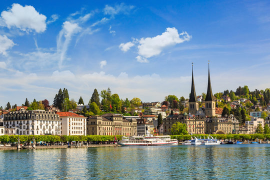 Lucerne lakefront opposite the ferry port and railway station where Court Church of St. Leodegar (Hofkirche St. Leodegar) is located