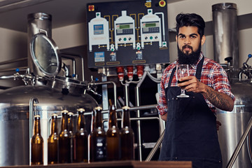 Stylish full bearded Indian man in a fleece shirt and apron holds a glass of beer, standing behind the counter in the brewery.