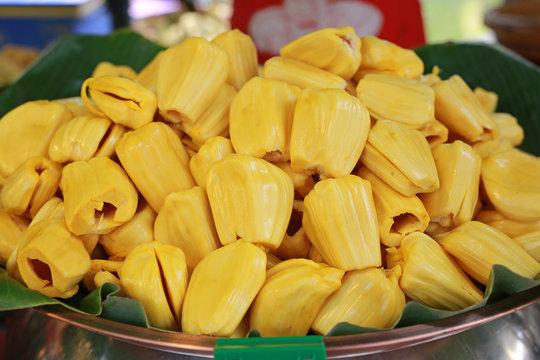 Flesh yellow jackfruit in tray at market thailand.
