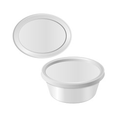 Oval white plastic box for your design and logo. Mock up for cheese, cream cheese, butter, etc. Side view, top view, vector template