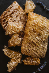 top view of honeycombs and lavender flowers on black table