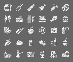 Food, white icons, grocery store, pencil shading, vector. Food and drinks, production and sale. White, shaded icons on a gray field. Simulation of shading. Vector clip art.  