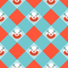 Clown seamless pattern on checkered background for use as wrapping paper or background of circus theme