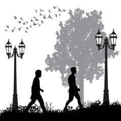 isolated, silhouette people walking in the park