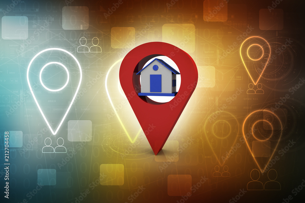 Poster 3d illustration search for property.a map with large red gps pointer containing