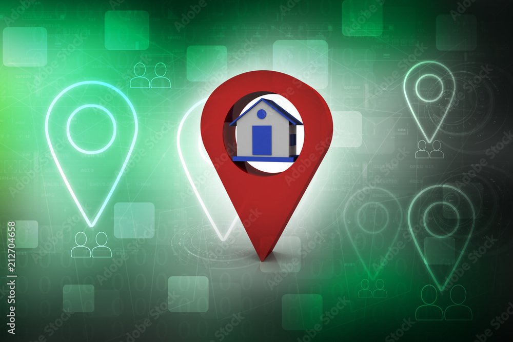 Poster 3d illustration search for property.a map with large red gps pointer containing