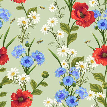seamless pattern with poppies, cornflowers and chamomiles