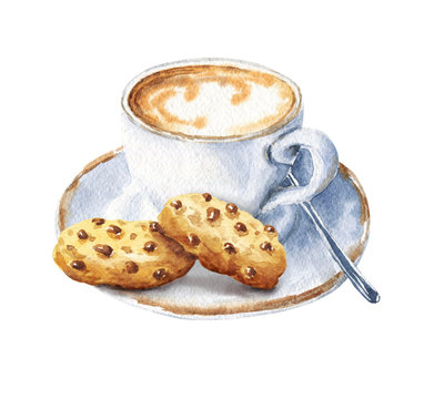 Hand drawn watercolor coffee with cookies, cappuccino cup with saucer, isolated on white background. Delicious food illustration.