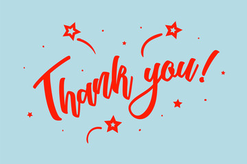 Obraz premium Thank you card. Beautiful greeting scratched calligraphy red text word stars. Hand drawn invitation design. Handwritten modern brush lettering blue background vector