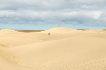 Fototapeta na wymiar View of Dunes in Maspalomas, Canarias islands, Spain. Yellow and golden sand from Sahara desert and distance view of blue Atlantic ocean and beach.