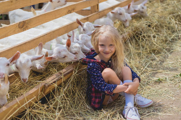 kid sitting on hay and goats biting her hood