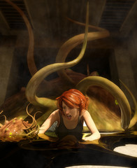 3d fantasy illustration,Woman being attack by a monster creatures,book cover or book illustration concept background