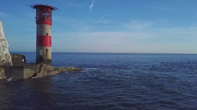 Drone footage of the Isle of Wight needles lighthouse at sunset