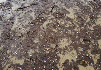 lake water pollution with plastic bags and dirt