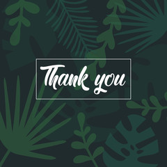Stoffe zum Nähen Danke-Schriftzug. Tropischer Palmen grüne Blätter, Blätter Dschungel nahtloser Vektor Blumenmuster Hintergrund. Botschaft des Dankes auf tropischen, Stoff wie Monstera Pflanzen Textur