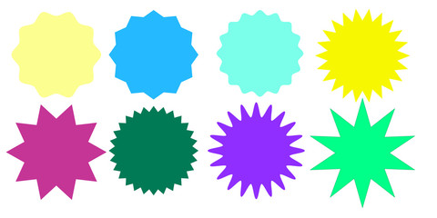 Set of multicolor starburst stamps on white background. Badges and labels various shapes.  Vector illustration