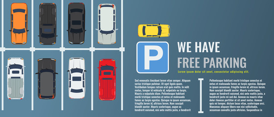 City parking lot with a group of different cars top view. Public car-park. Vector Flat illustration for web or poster banner.