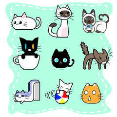 Collection of cute cat cartoon character design in active poses flat simple various style
