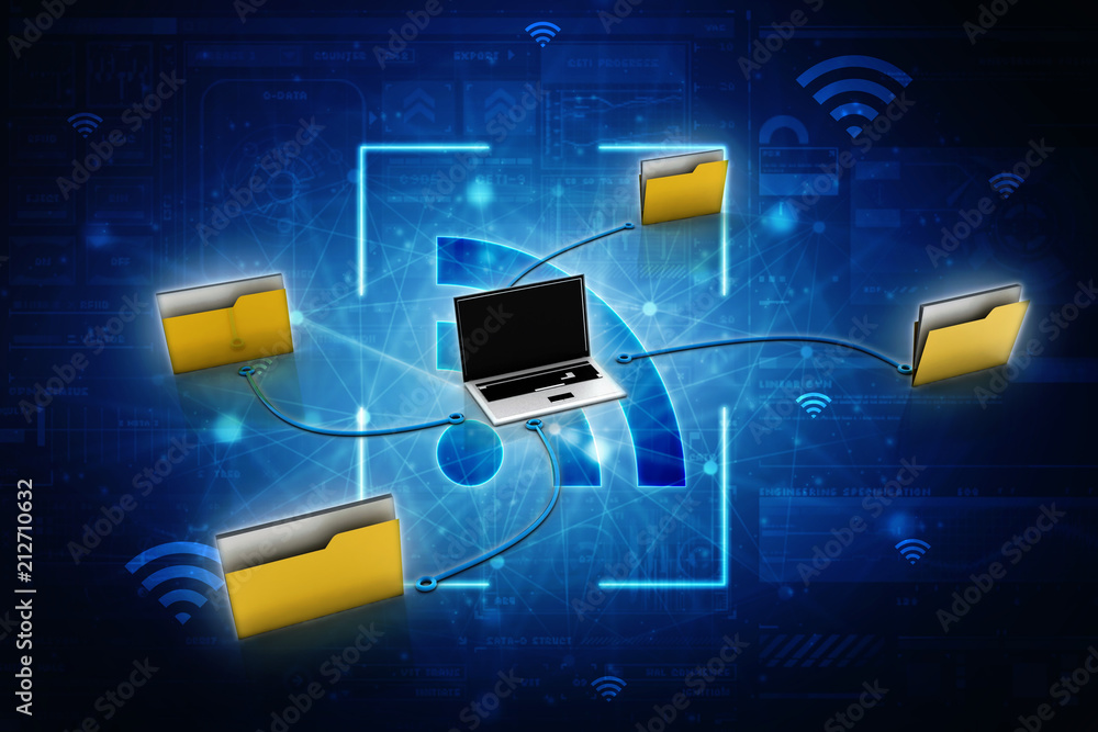 Poster 3d rendering folder connected to computer network