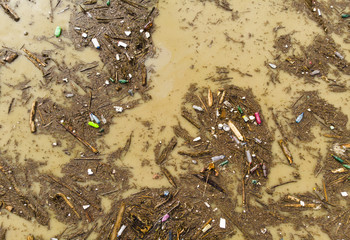 lake water pollution with plastic bags and dirt