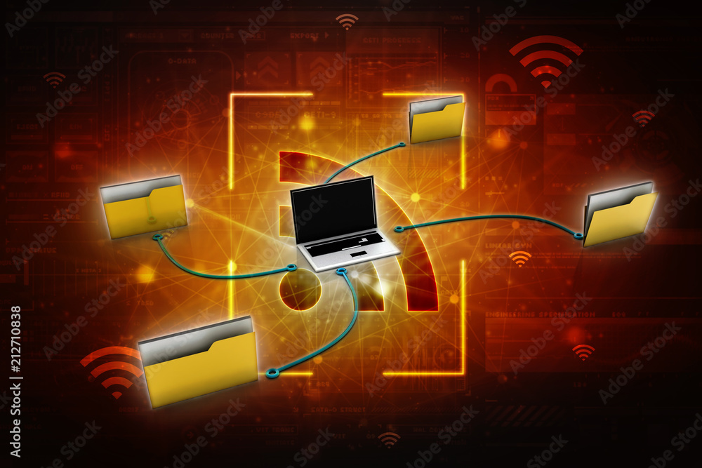 Poster 3d rendering folder connected to computer network