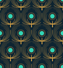 stylized peacocks feathers seamless pattern in gold and blue