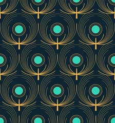 Foto op Plexiglas Pauw gestileerd pauwenveren naadloos patroon in goud en blauw
