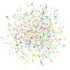Multicolored glitters on white. Geometrical background with confetti. Pattern for design. Print for polygraphy, posters, banners and textiles. Greeting cards