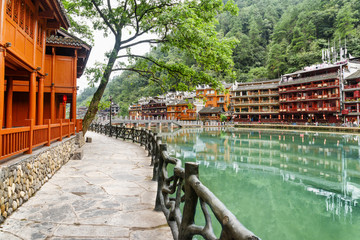 Embankment of the Tuojiang River. Traditional Chinese buildings