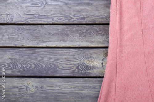Close Up Pink Cotton Cloth Material Wooden Desk Surface