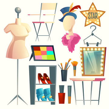 Vector cartoon actress, actor s dressing room. Collection with furniture, clothing and hanger with costumes. Table with light bulbs and mirror. Makeup and brush for theatrical performance.