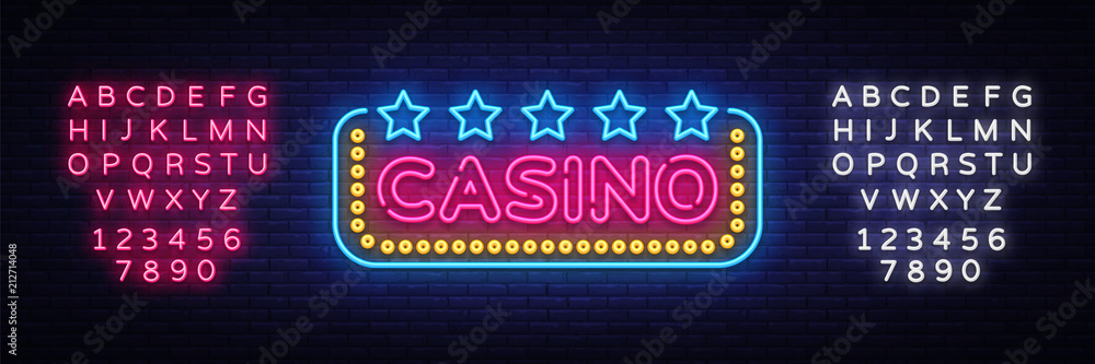 Wall mural casino neon sign vector design template. casino neon logo, light banner design element colorful mode