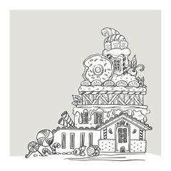 Fototapeta premium Gingerbread House, Lovely Cartoon Castle, Made From Sweets, Candy and Cookines, Page For Your Coloring Book