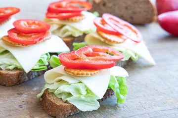Vegetarisches belegtes Brot mit Käse, Salat, Cracker und Paprika