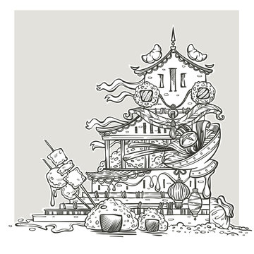 asian food temple line art fantasy image for your colorong book