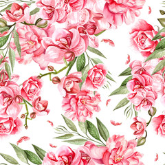Beautiful watercolor pattern with orchid and peony flowers.