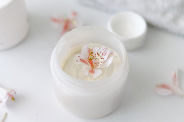 Close up of cosmetic jar with facial cream
