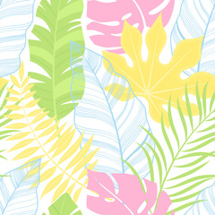 Fototapeta na wymiar Tropical seamless pattern. Summer colorful background. Jungle birds, leaves, fruits. Vector illustration.
