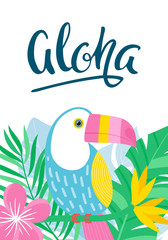 Tropical card with jungle leaves and toucan. Aloha lettering. Vector illustration. 