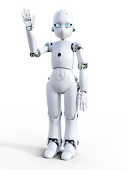 3D rendering of a white cartoon robot waving hello.