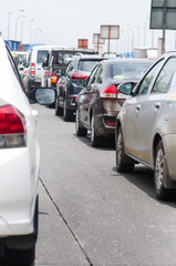 Cars on the road in traffic jam. Traffic situation in the Mumbai city. Pollution situation in India.  - 212715492