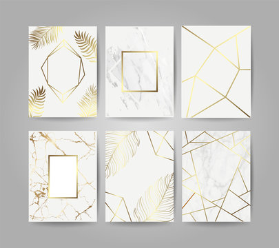 Luxury wedding invitation cards background template with gold marble texture and geometric shape pattern vector 