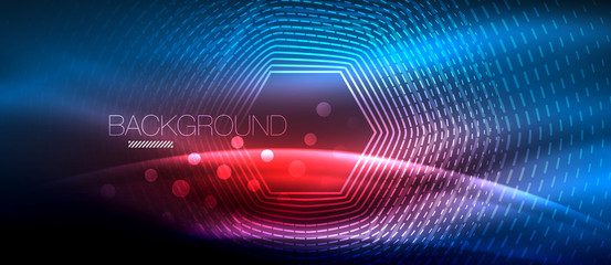 Neon glowing wave, magic energy and light motion background. Wallpaper template, hi-tech future concept