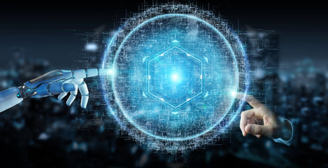 White robot hand using digital sphere connection hologram 3D rendering