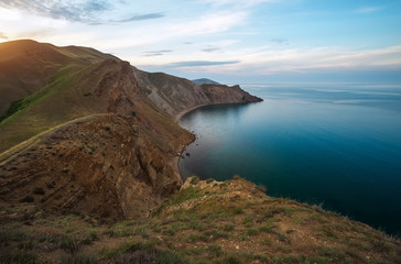 Fototapeta na wymiar Sea spring bay. View from the mountain. Nature composition.