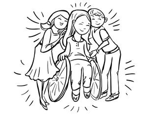Fototapeta na wymiar Girl and boyfriend hug a girl in wheelchair