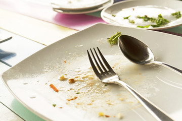 Close up of a finished lunch empty plates are still on the table
