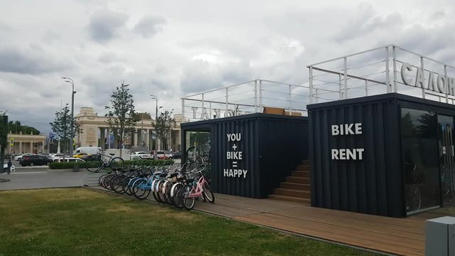 JUL 10, 2018, MOSCOW, RUSSIA: Bike rent station near by Gorky park