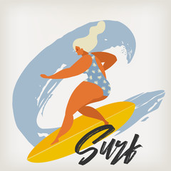 Surfing dziewczyna na deskach surfingowych łapie fala w morzu. Plakat lato plaża w wektorze. - 212717070
